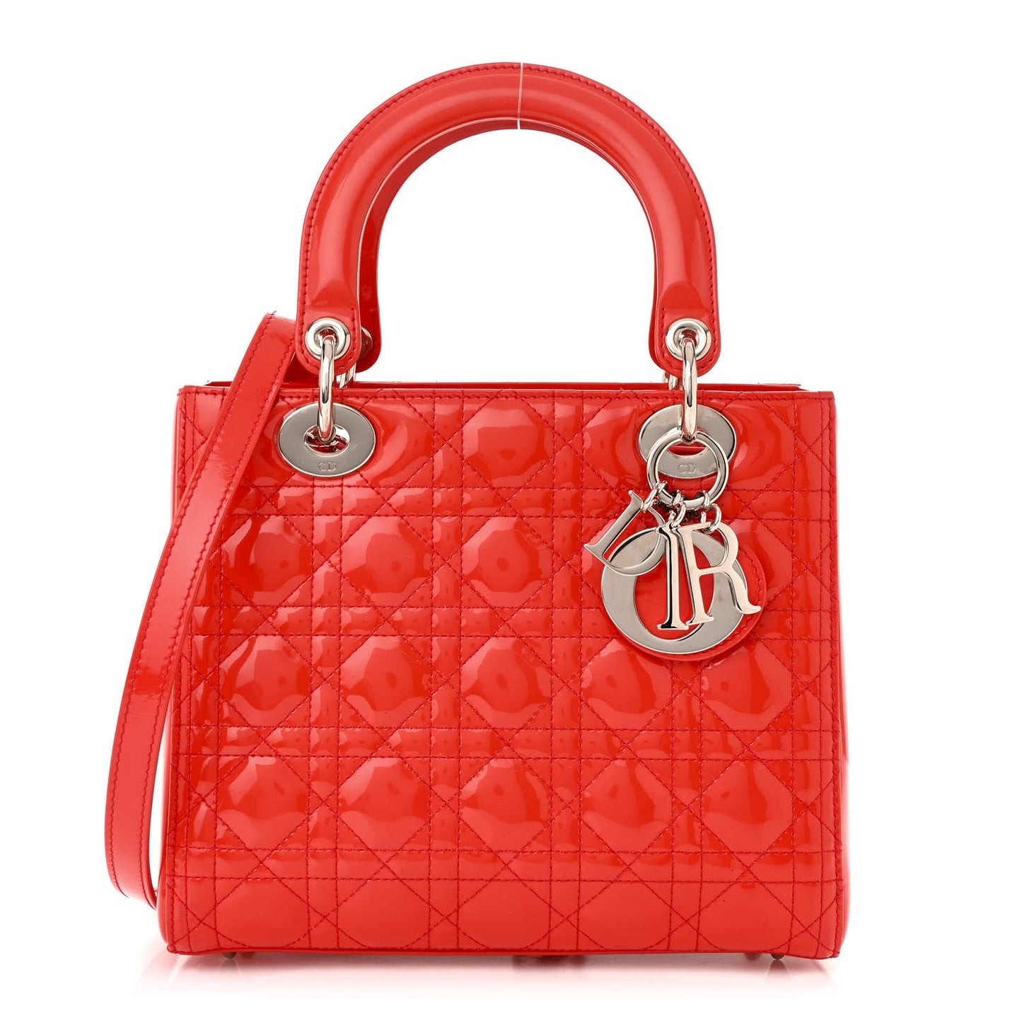 Christian Dior Patent Lady Dior SHW Cannage Tote Leather Bag - Red
