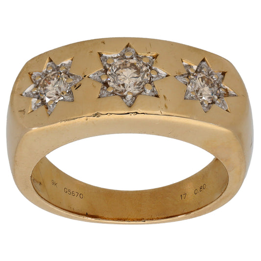 Gold three-stone round diamond ring with central round diamond and two side diamonds