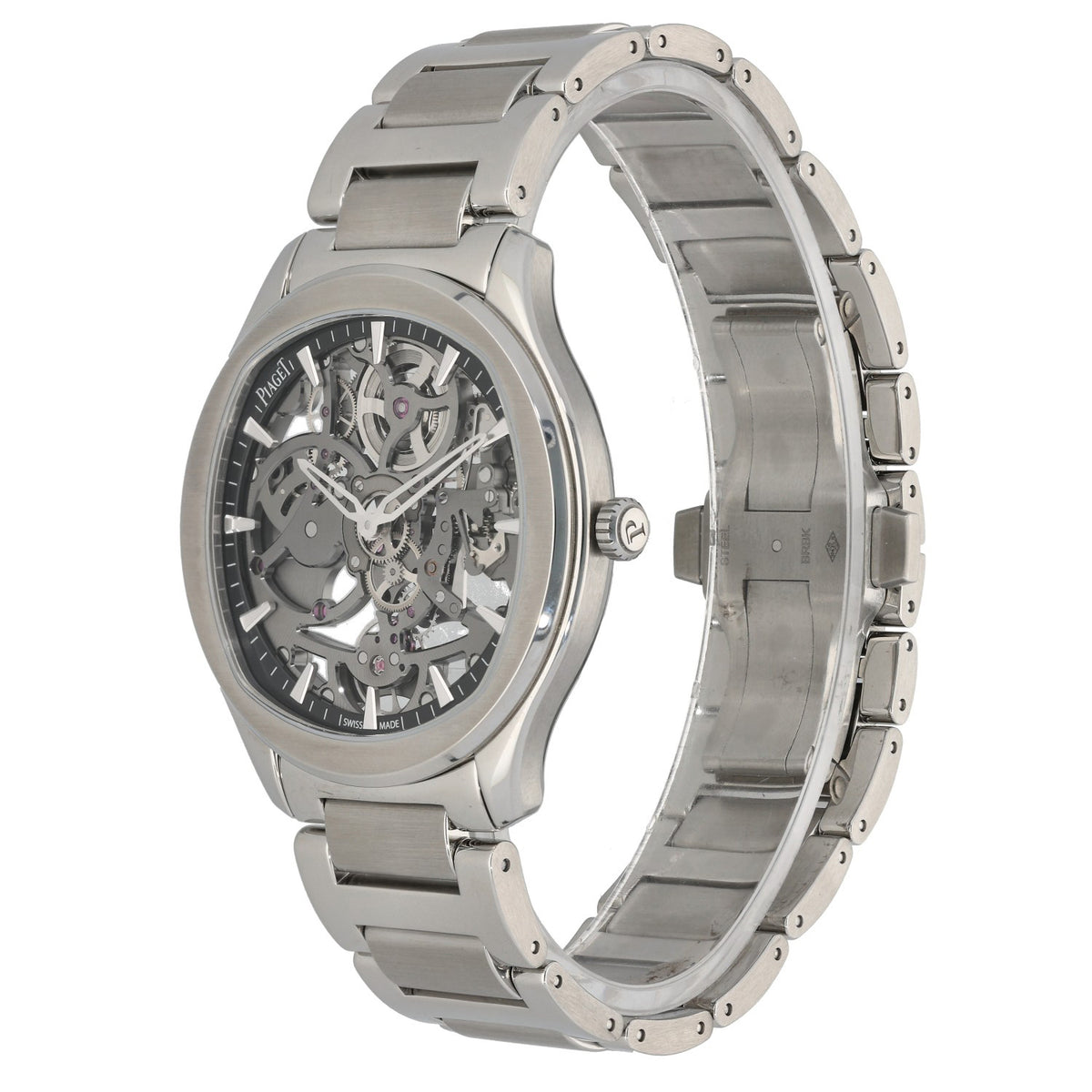 Piaget Polo Skeleton G0A45001, skeleton dial with stainless steel case and bracelet with crown, front angled image