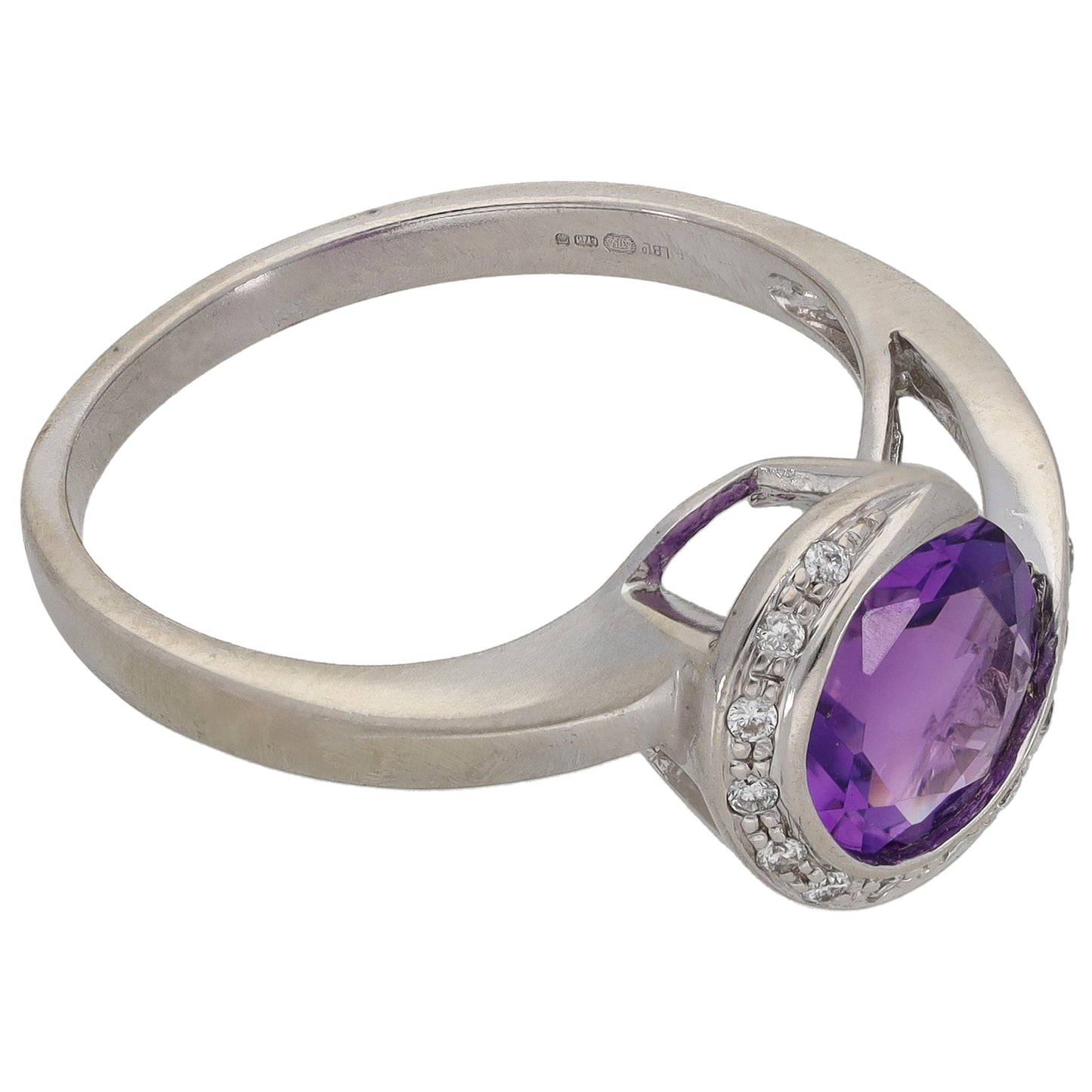 9ct White Gold Amethyst & 0.07ct Diamond Dress/Cocktail Ring Size O