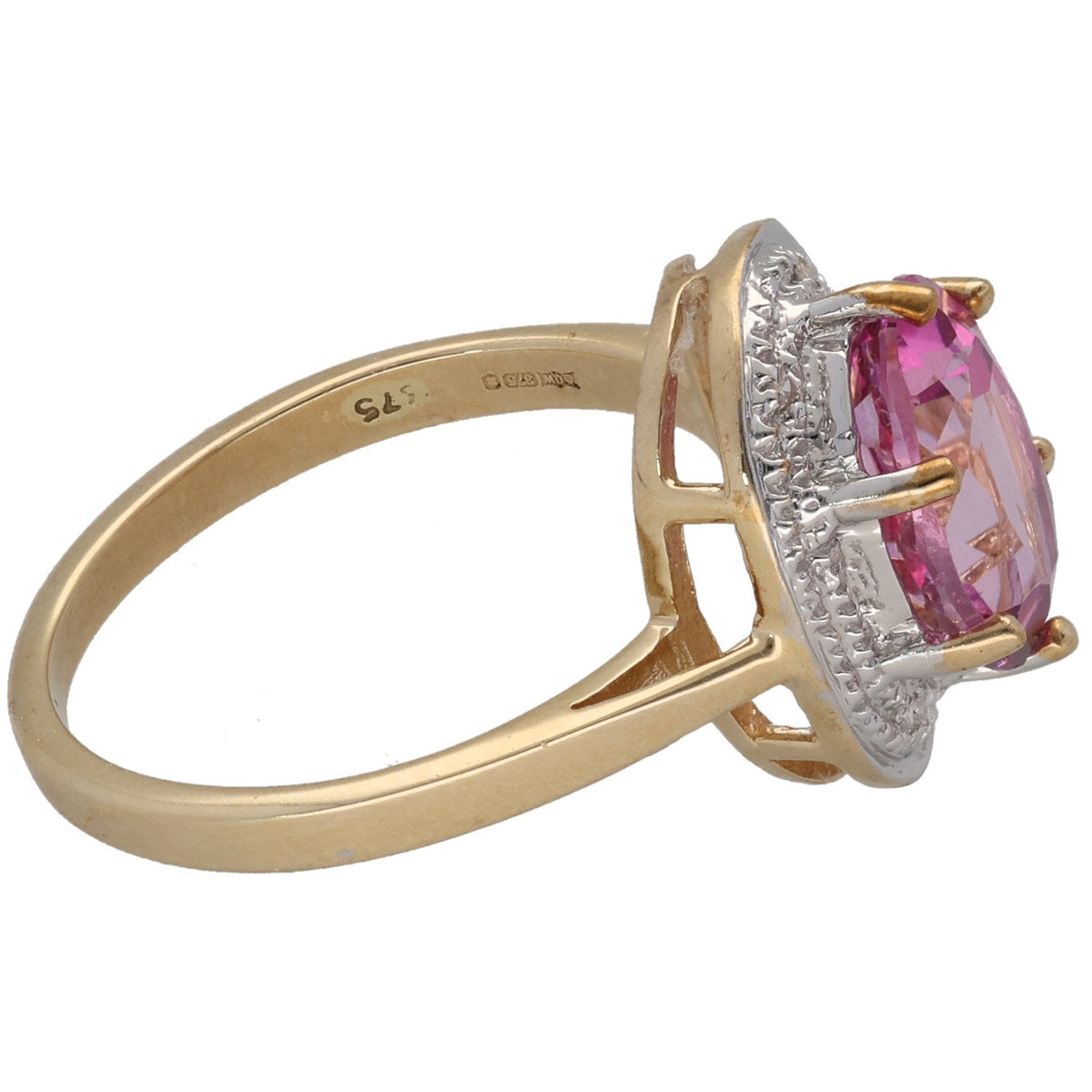Side view cocktail ring with oval pink gemstone in gold and silver-tone bezel, size M