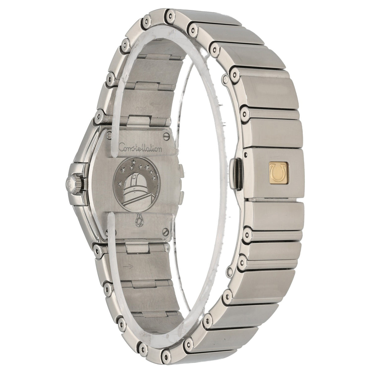 Omega Constellation 131.10.25.60.52.001, stainless steel bracelet and case housing a white Mother of Pearl dial with diamond hour markers, rear angle image