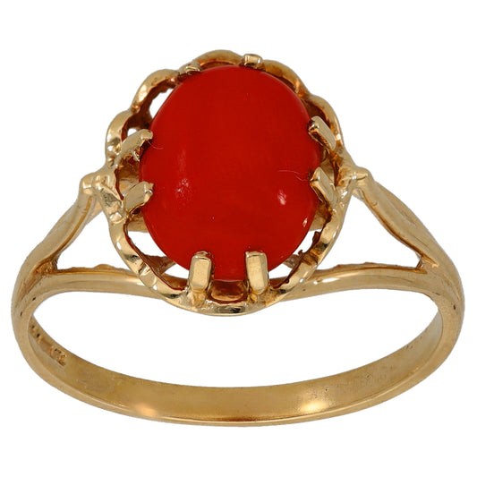 9ct gold coral single-stone ring with red oval cabochon and raised claw setting