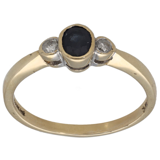 9ct Gold Sapphire & 0.10ct Diamond Three Stone Ring Size O
