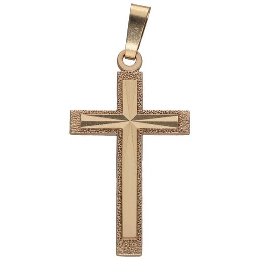 Gold cross pendant with textured center and polished edges, round bail loop