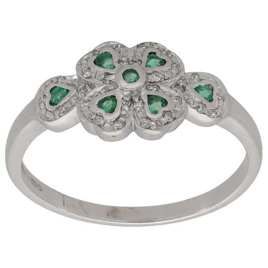 9ct White Gold Emerald & 0.15ct Diamond Dress/Cocktail Ring Size U