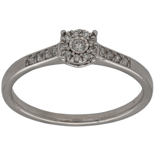 9ct white gold round diamond cluster ring with raised halo, size K