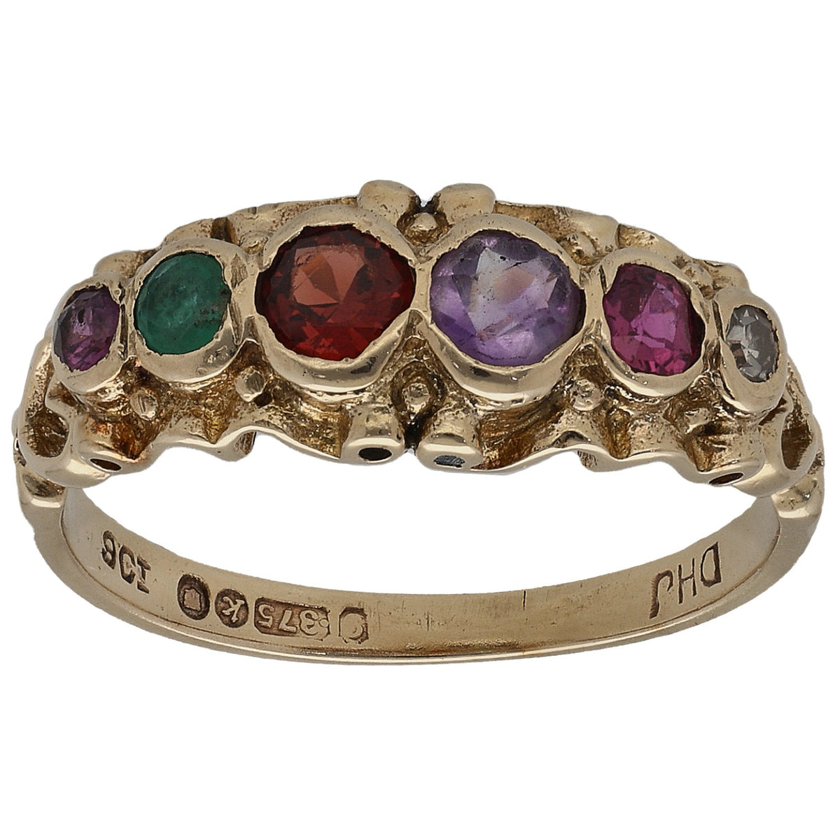 9ct gold half eternity ring with multicolor round gemstones and tiny diamond accents