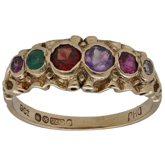 9ct gold half eternity ring with multicolor round gemstones and tiny diamond accents