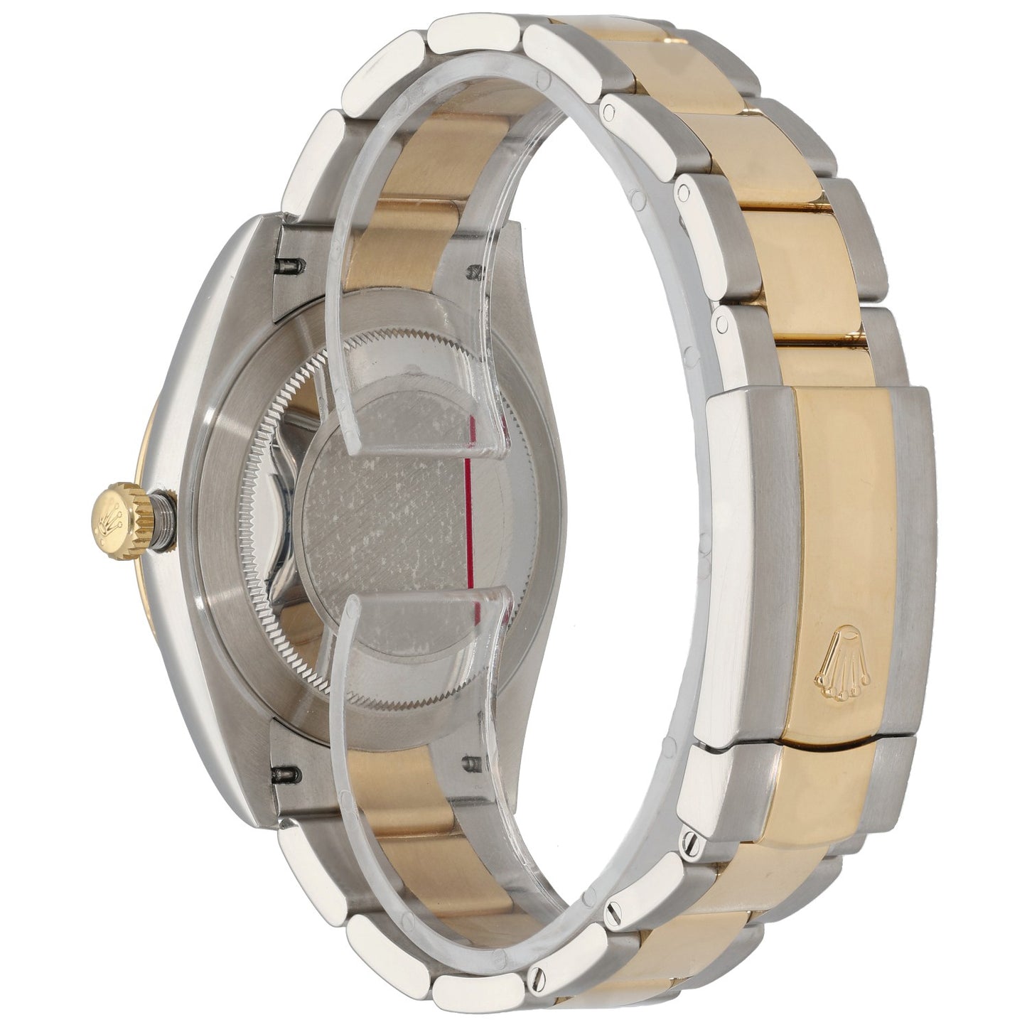 Bi-colour stainless steel Rolex Datejust watch, open caseback side view with gold accents