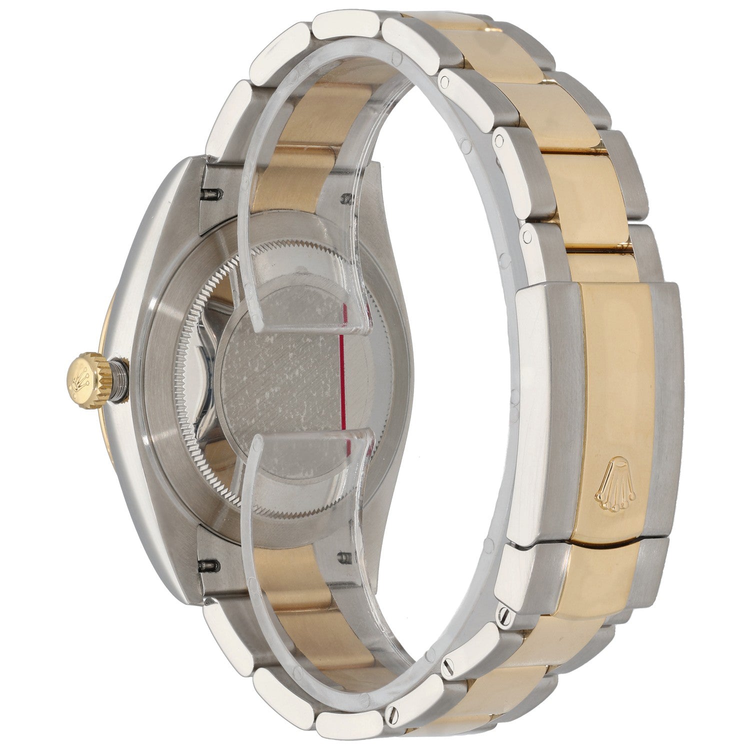 Bi-colour stainless steel Rolex Datejust watch, open caseback side view with gold accents