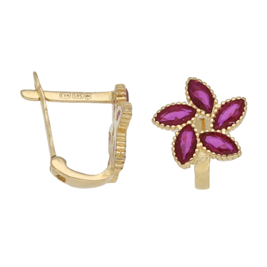 New 14ct Gold Red Stone Petal Earrings