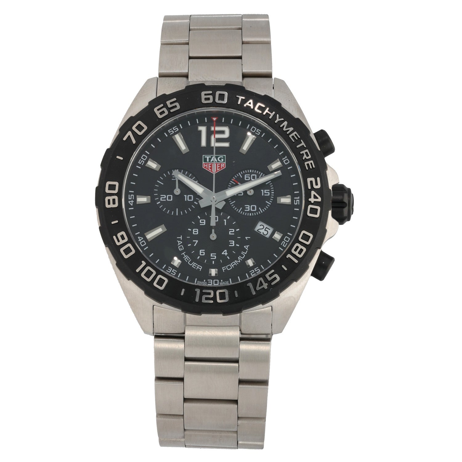 Tag Heuer Formula 1 CAZ1010 stainless steel watch with black chronograph dial and subdials, link bracelet