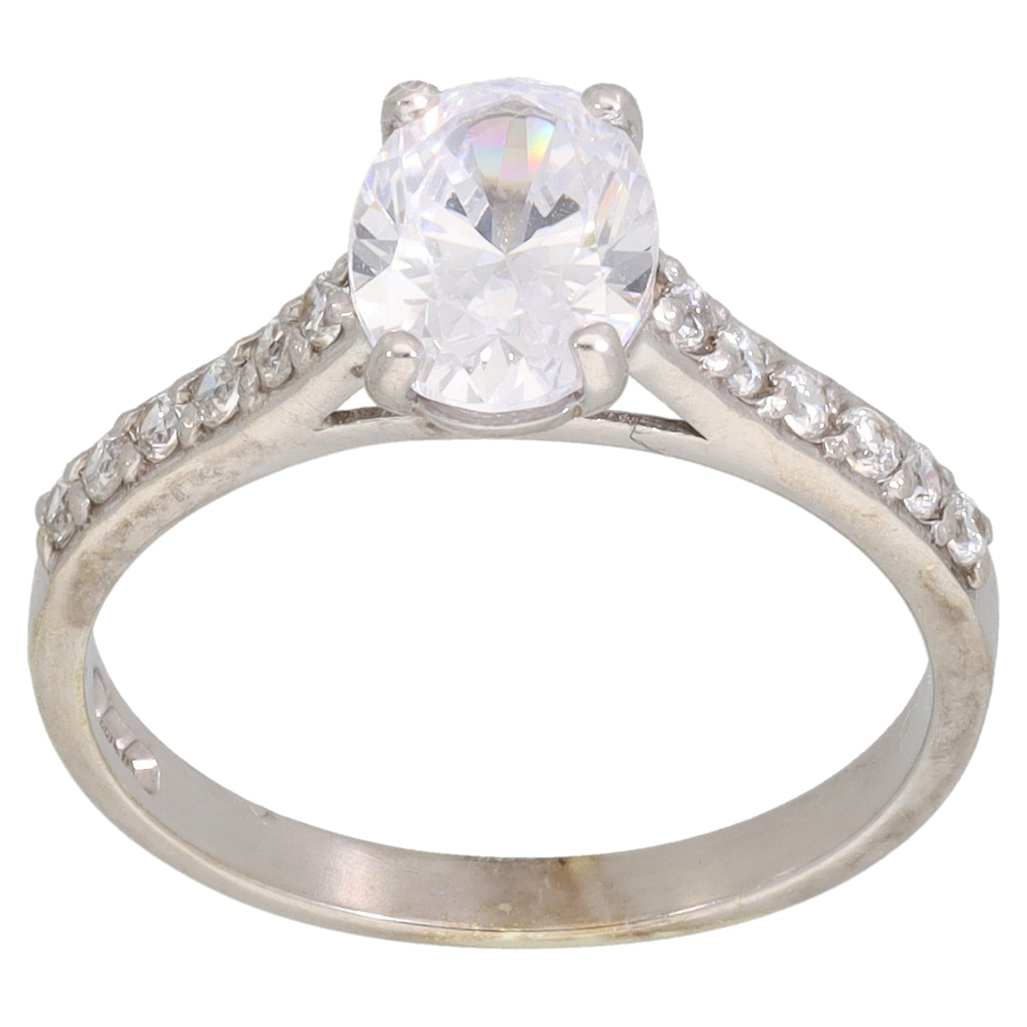 9ct White Gold Cubic Zirconia Single Stone Ring with Accent Stones Size L