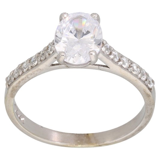 9ct White Gold Cubic Zirconia Single Stone Ring with Accent Stones Size L