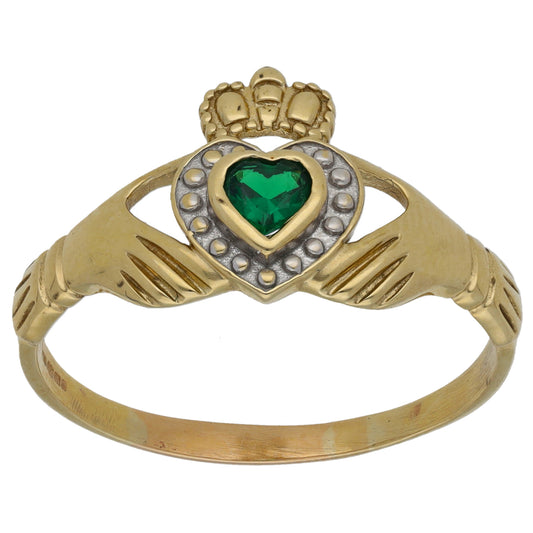 9ct Gold Man Made Emerald Claddagh Ring Size X