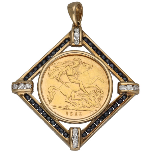 9ct Gold Sapphire & 0.18ct Diamond Half Sovereign Coin Pendant