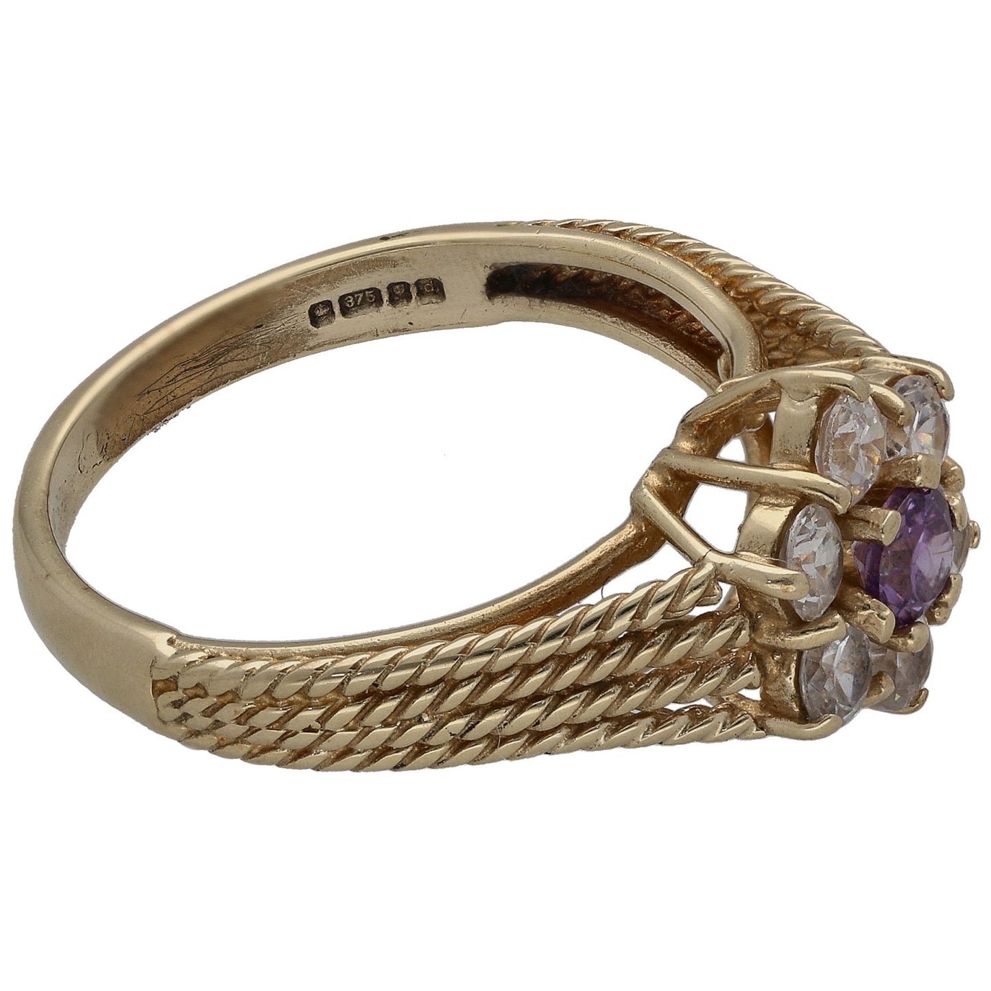 Gold 9ct CZ ring, oval braided band with purple and clear stone cluster side view