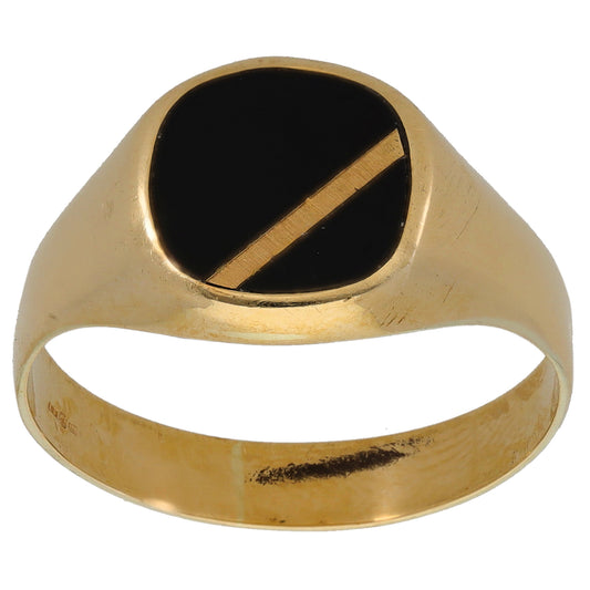 Gold signet ring with large black onyx oval top, angled gold inlay stripe