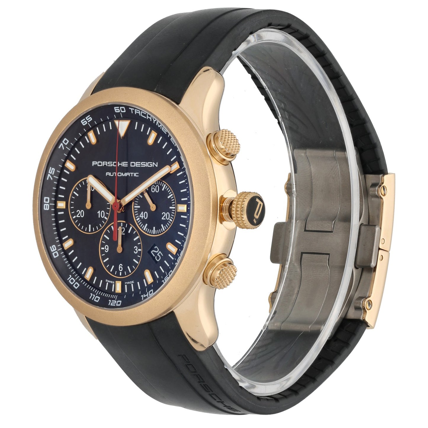 Porsche Design Dashboard P6612 Gold-tone watch case with black rubber strap, shown from the side with crown details
