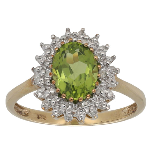 9ct Gold Peridot & 0.17ct Diamond Cluster Ring Size K