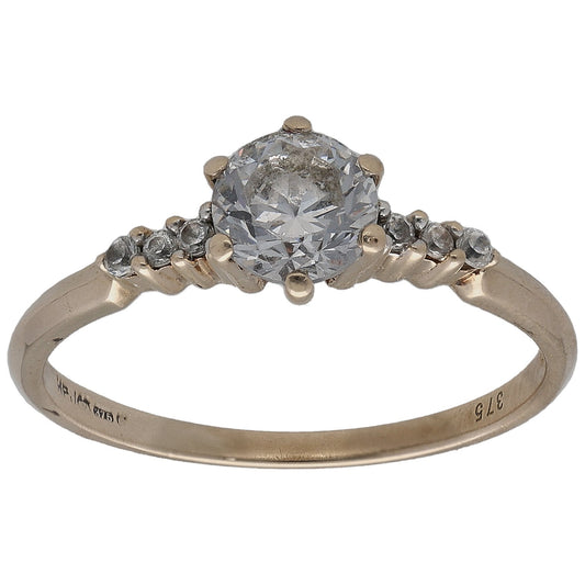9ct Gold Cubic Zirconia Single Stone Ring With Accents Size M