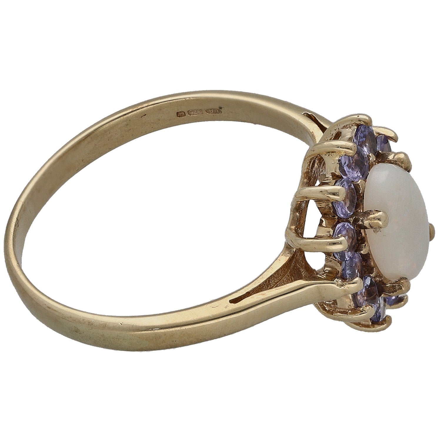 9ct gold opal ring with oval stone side setting and clustered purple accent gems
