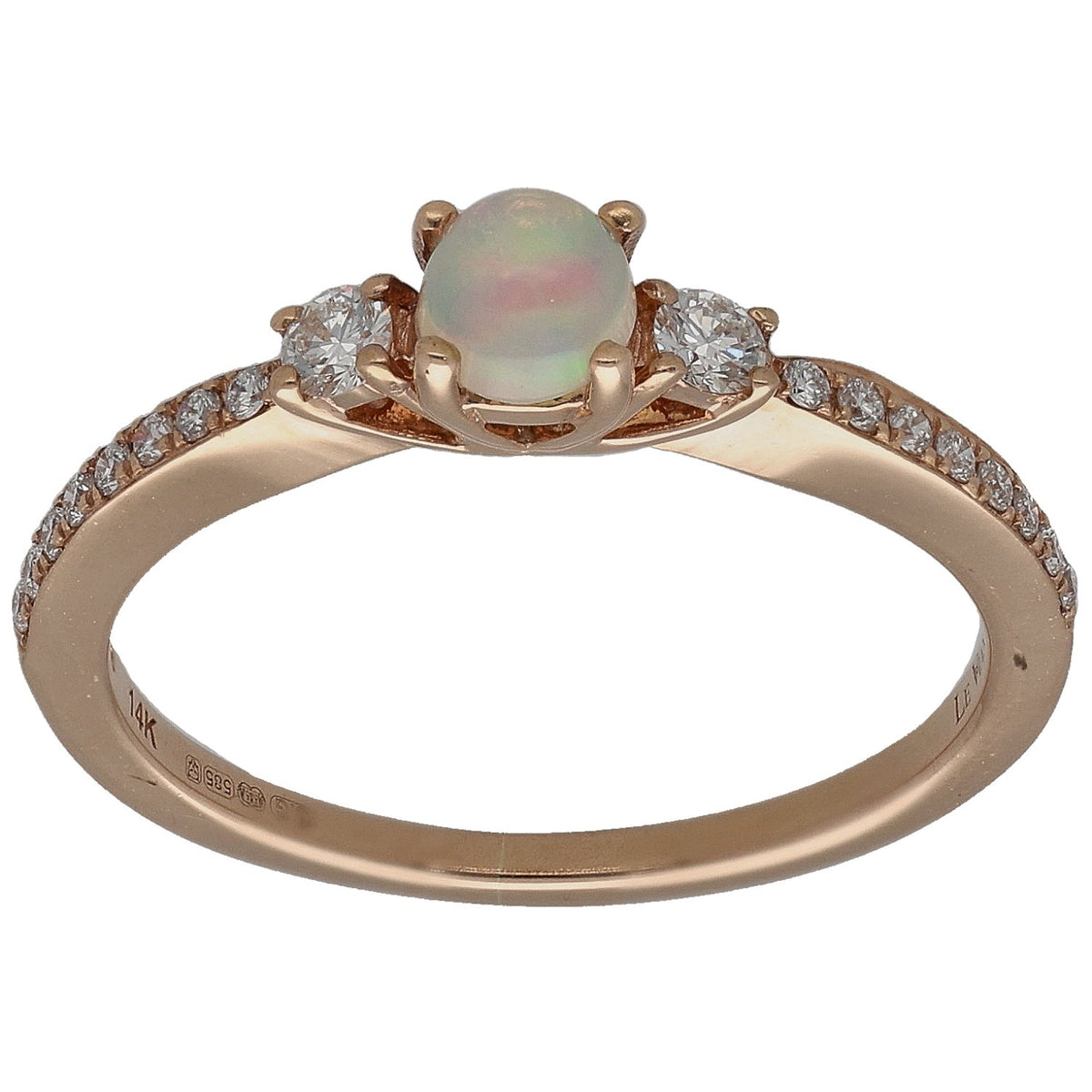 Rose gold ring with round opal center, prong setting, and diamond accents