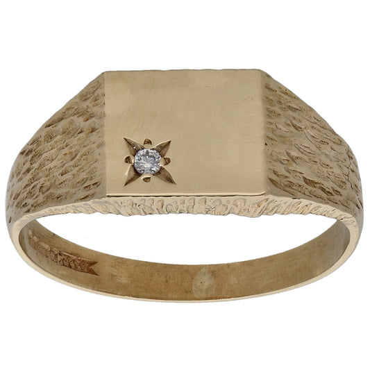 9ct Gold Cubic Zirconia Single Stone Patterned Signet Ring Size O