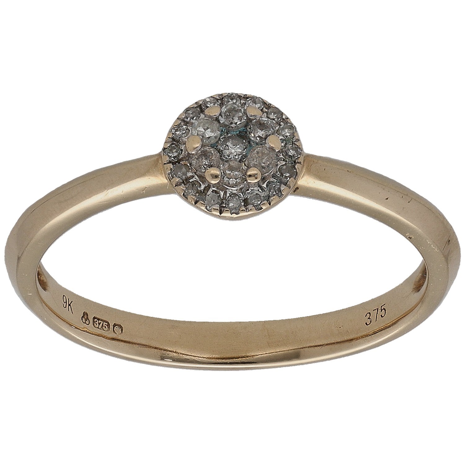9ct gold round diamond cluster ring with circular halo top setting