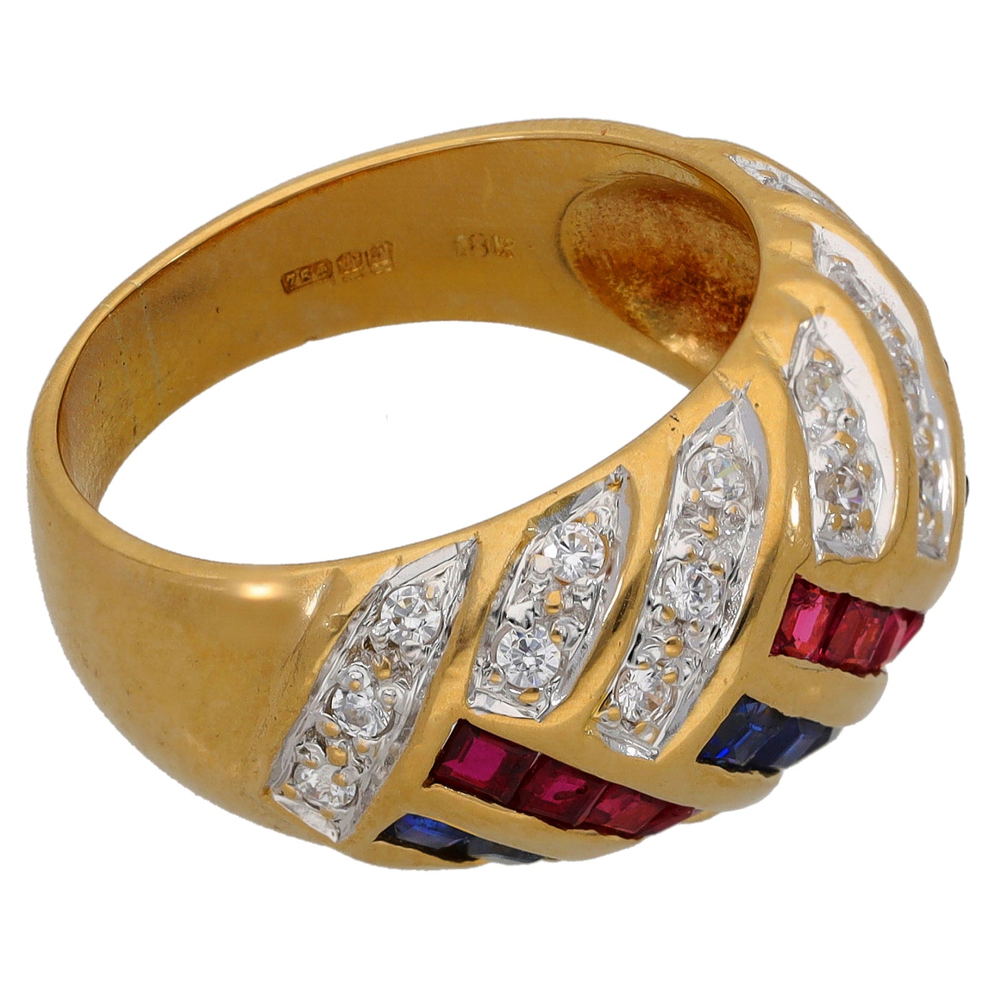 18ct Gold Ruby, Sapphire & Cubic Zirconia Dress/Cocktail Ring Size N