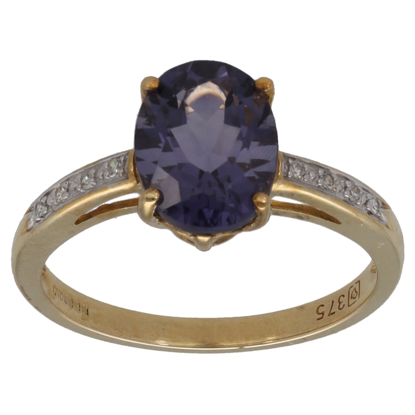 9ct Gold Iolite & 0.04ct Diamond Single Stone Ring With Accents Size M