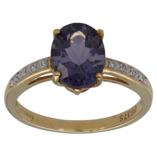 9ct Gold Iolite & 0.04ct Diamond Single Stone Ring With Accents Size M