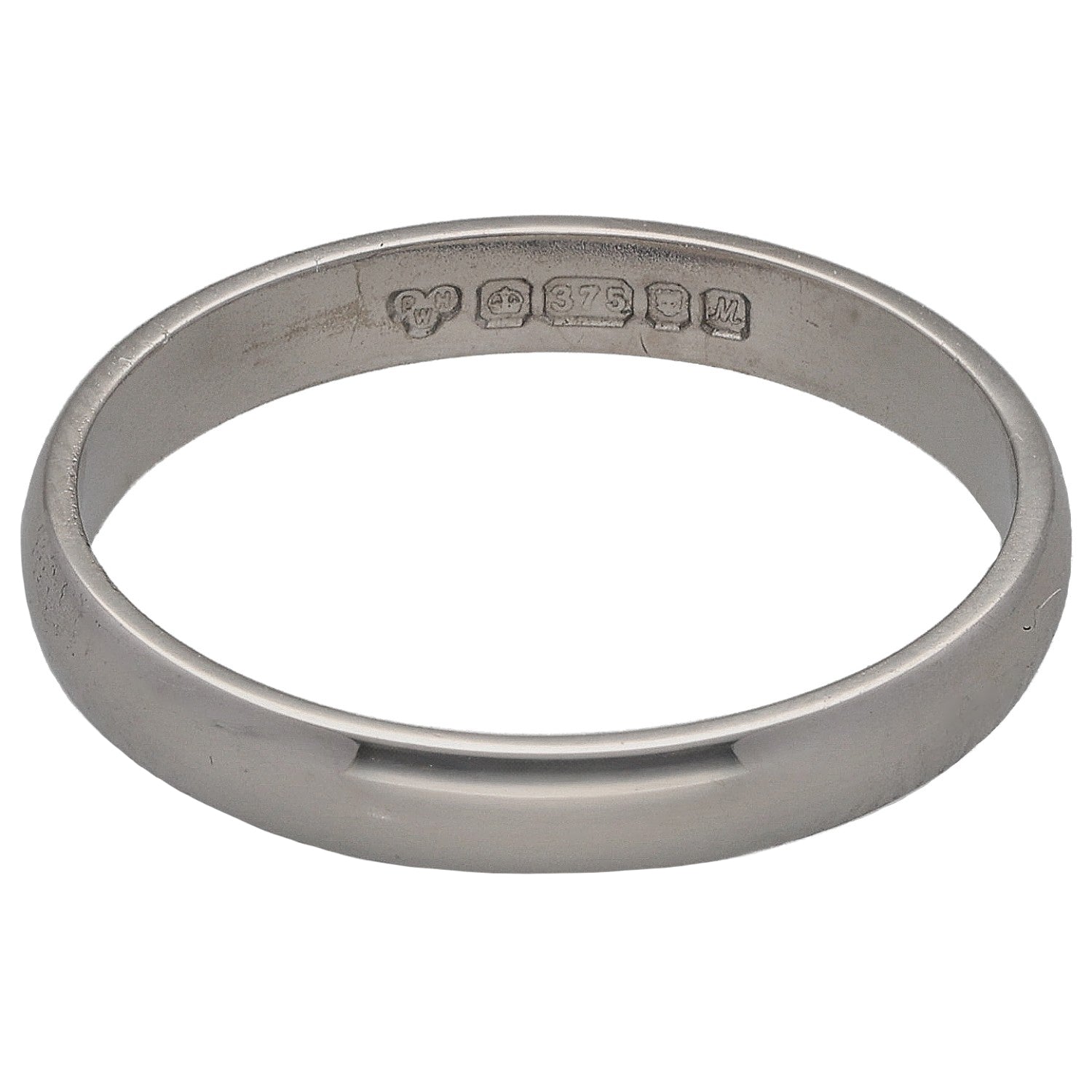 9ct white gold wedding ring with inside hallmark stamps, plain polished band