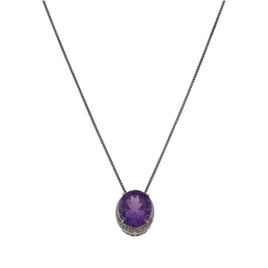 9ct White Gold Amethyst & 0.11ct Diamond Dress/Cocktail Pendant With Chain