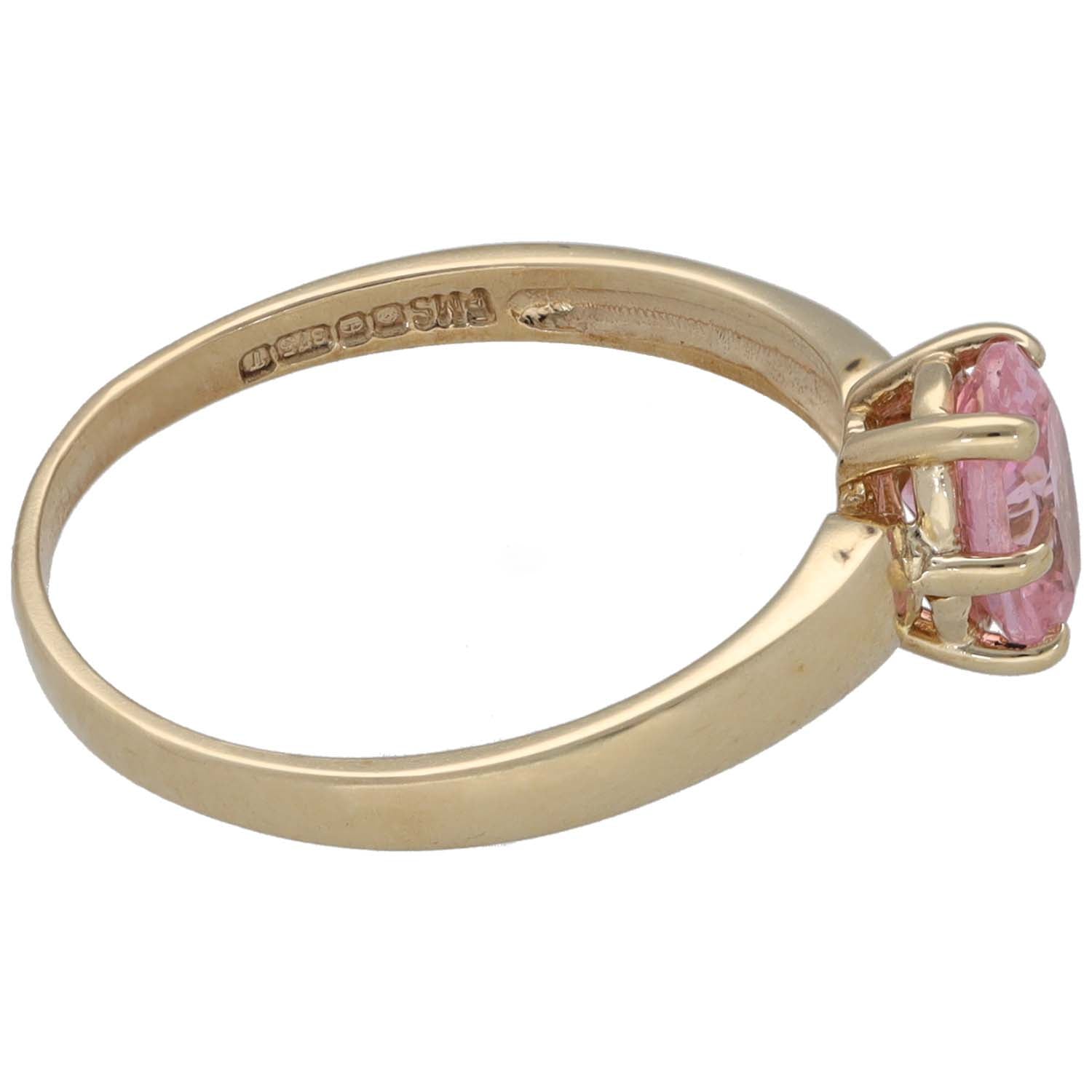 9ct gold ring band with pink CZ cushion-cut stone and engraved hallmark on shank