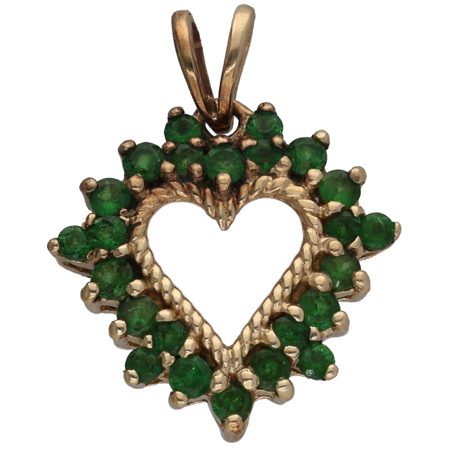 Gold-tone heart pendant with clustered green gemstones and loop bail