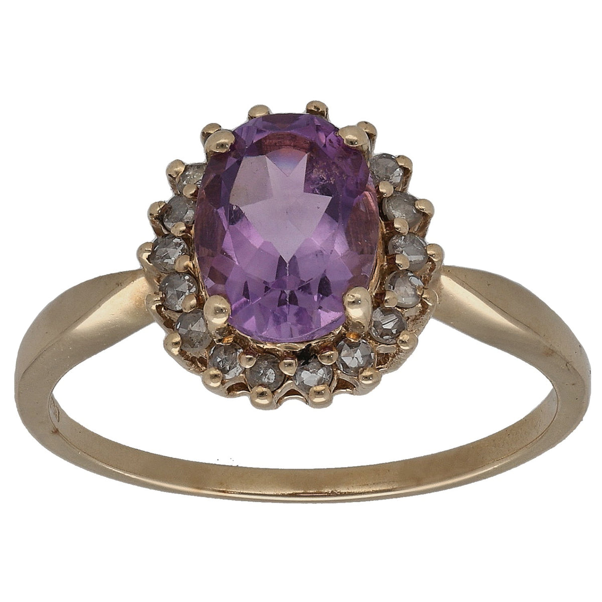 Gold solitaire ring with oval amethyst center, round diamond halo, size M