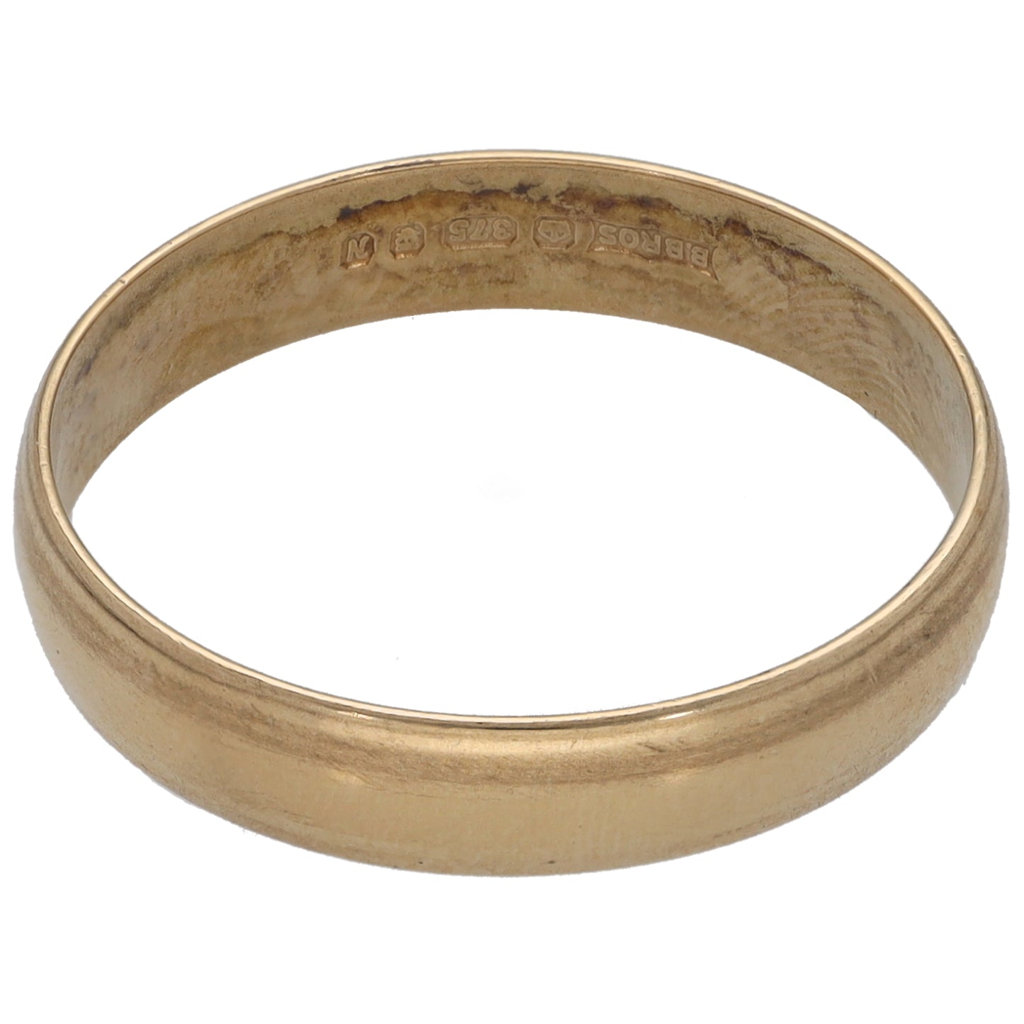 9ct gold plain wedding ring with inner hallmark markings on the band