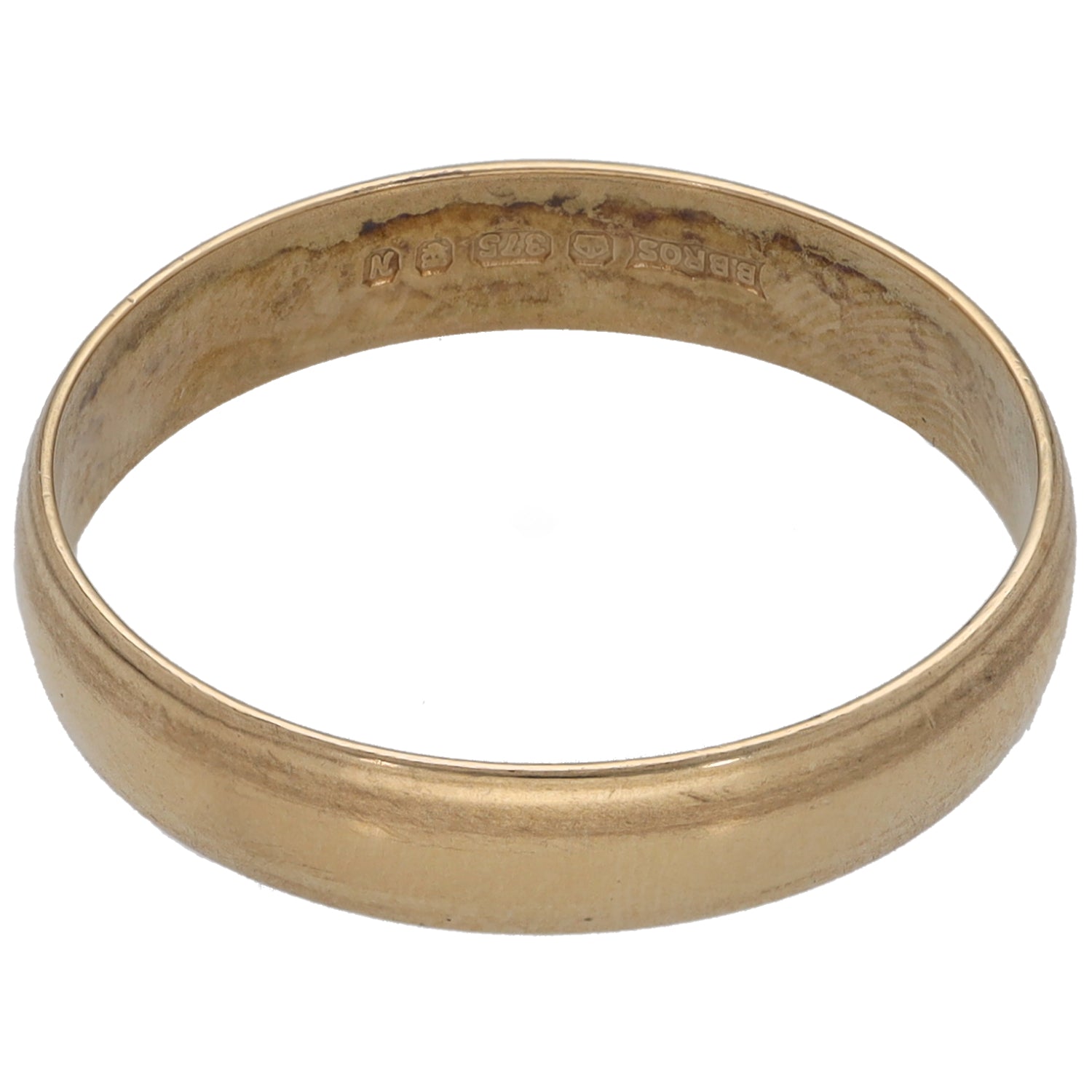 9ct gold plain wedding ring with inner hallmark markings on the band
