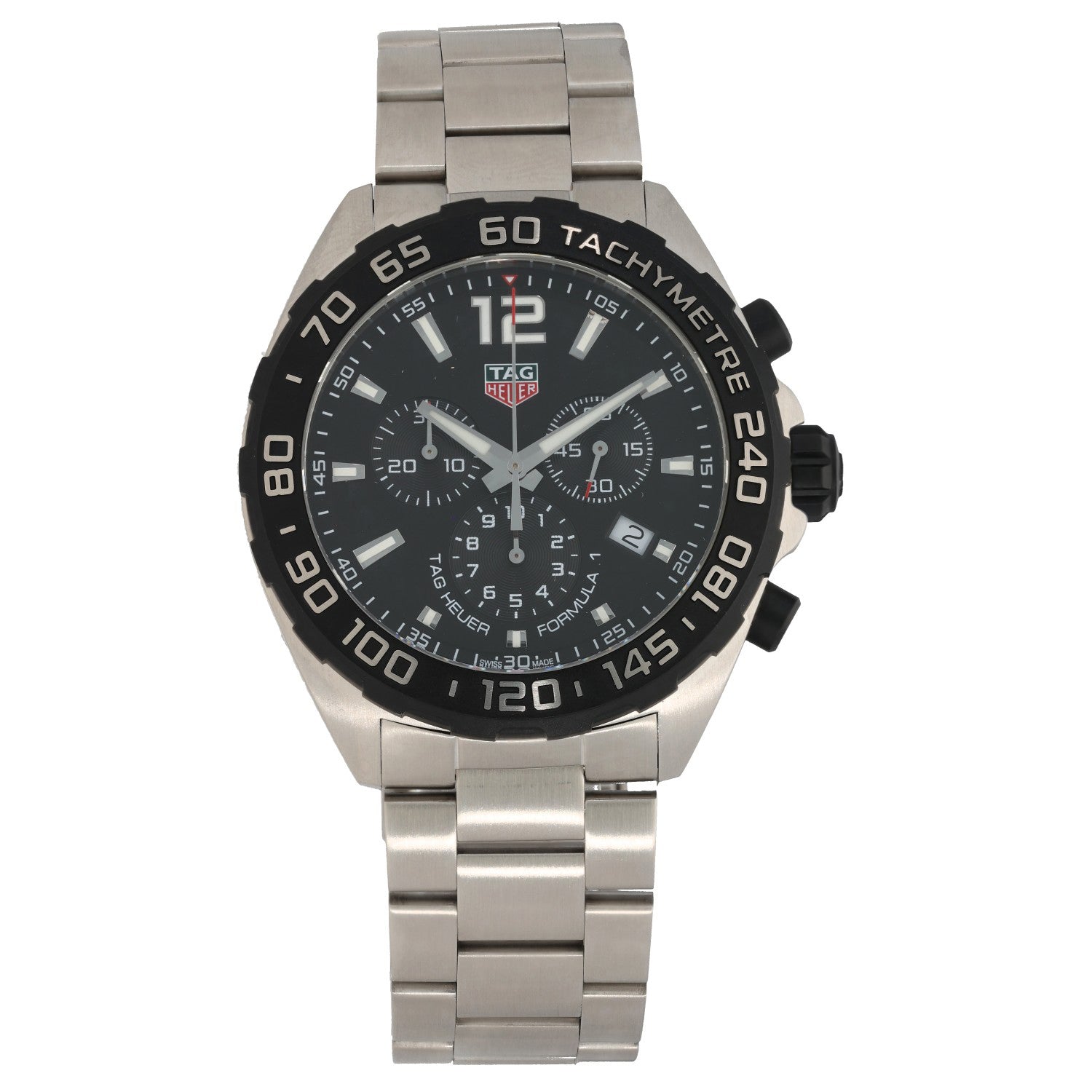 Tag Heuer Formula 1 CAZ1010, black dial, subdials and bezel in a stainless steel case and bracelet.