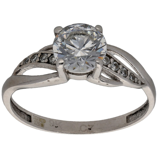 9ct White Gold Cubic Zirconia Single Stone Ring With Accents Size M