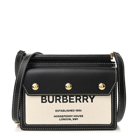 Burberry Mini Title Shoulder Horseferry Calfskin Leather & Canvas Bag - Black & Beige