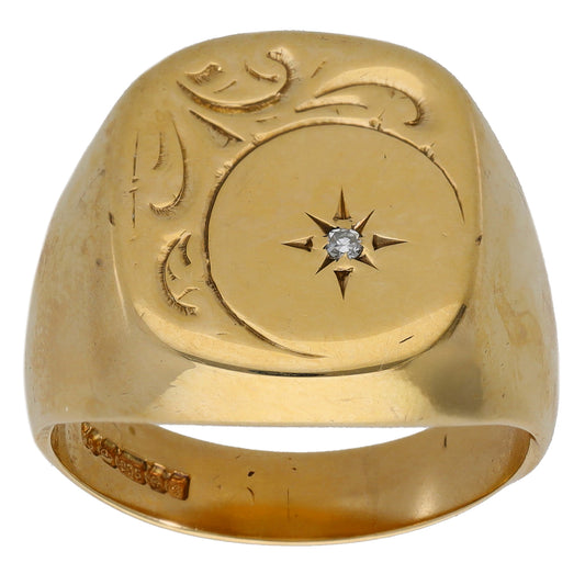 9ct Gold 0.01ct Diamond Single Stone Signet Ring Size R