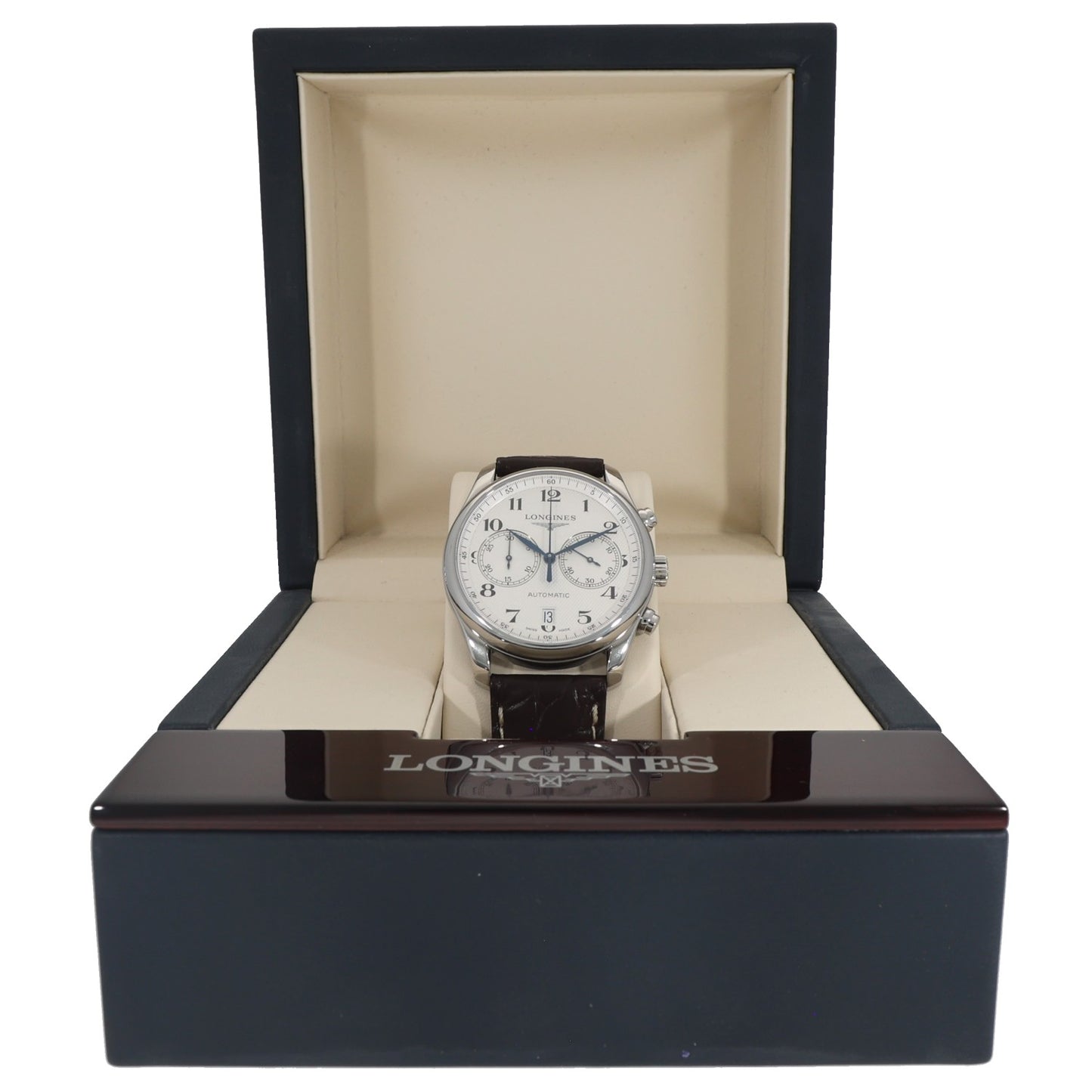 Longines Master Collection L2.629.4 Stainless steel automatic wristwatch in gift box with dark brown leather strap
