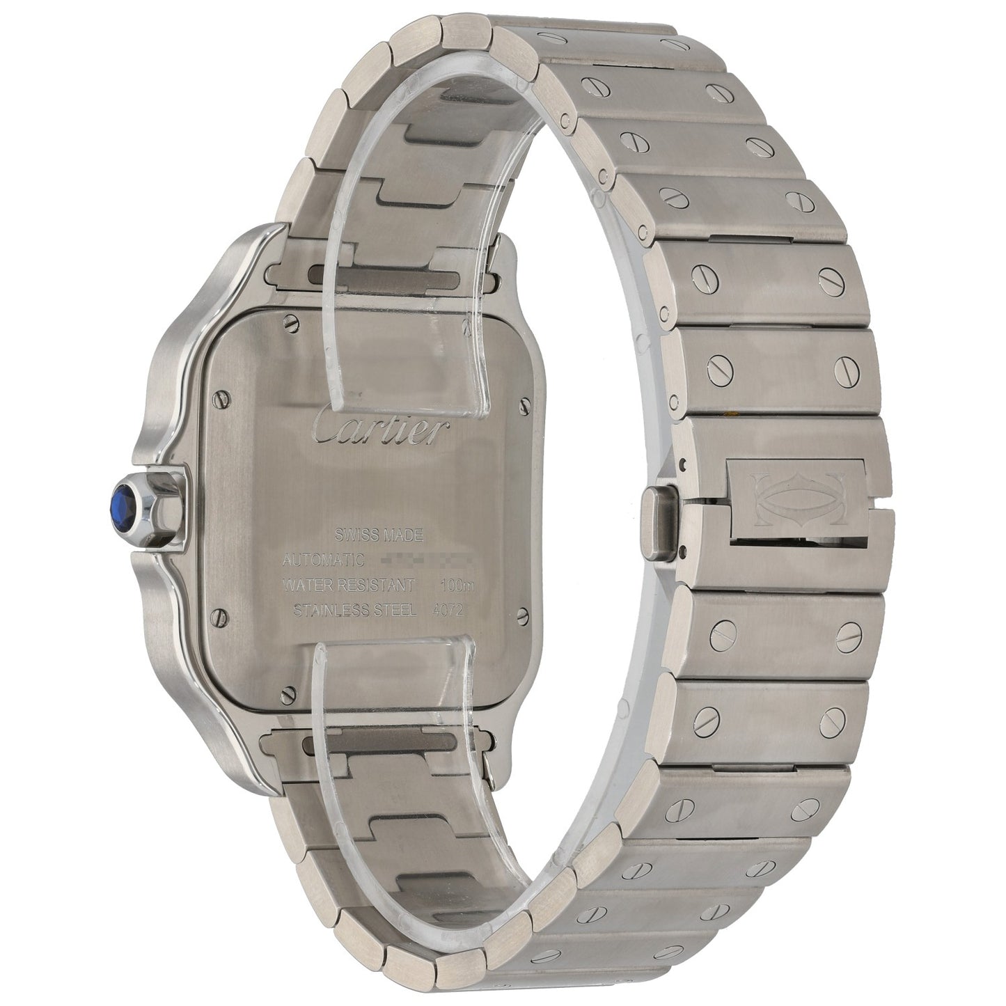 Cartier Santos WSSA0030 stainless steel watch side and caseback view with blue crown detail