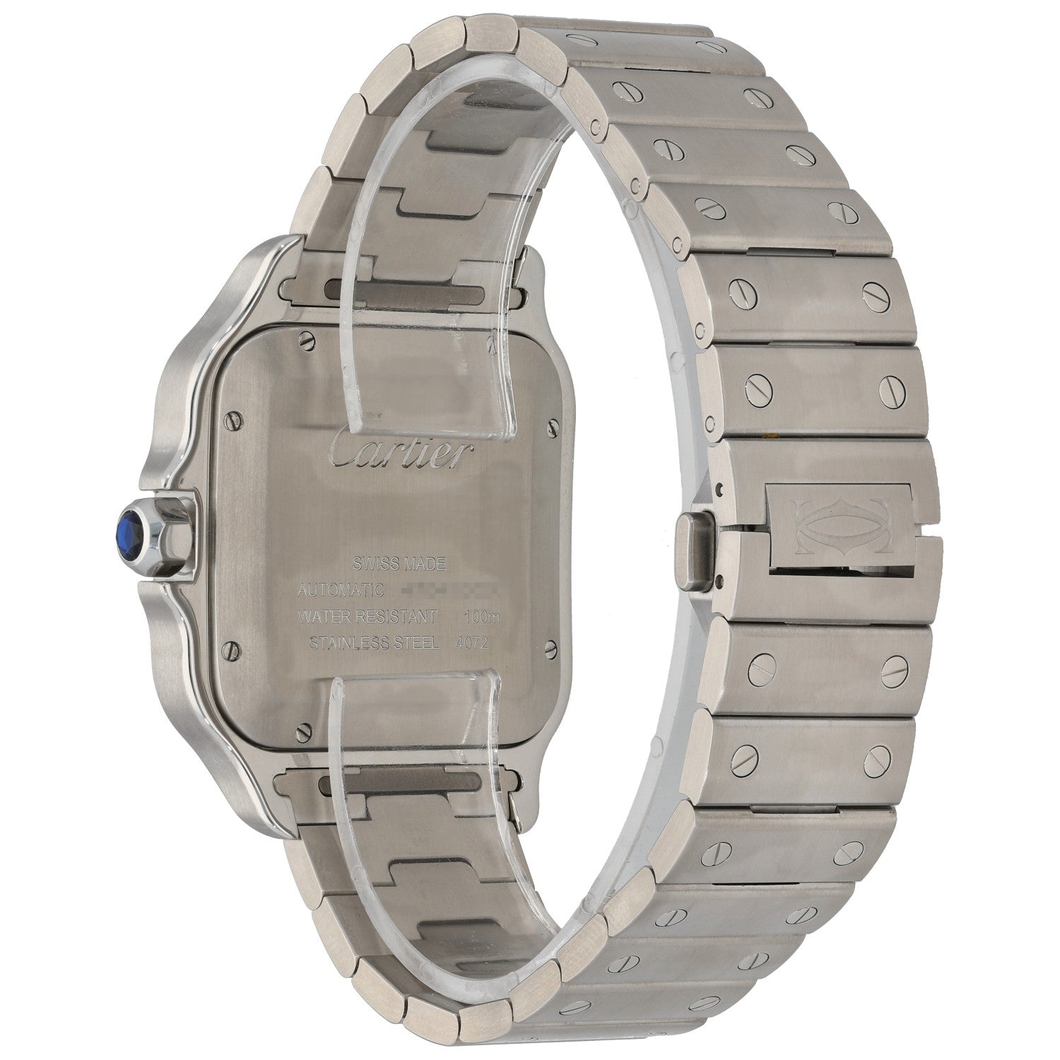 Cartier Santos WSSA0030 stainless steel watch side and caseback view with blue crown detail