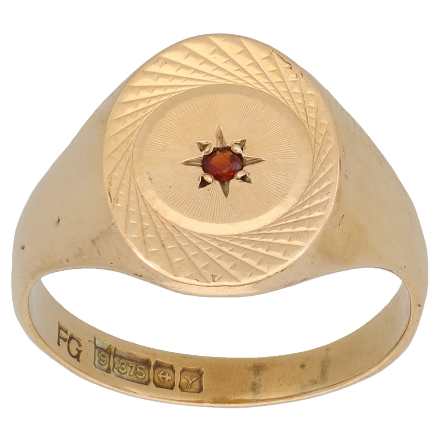 9ct Gold Garnet Patterned Signet Ring Size P