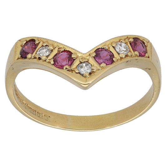 18ct Gold Ruby & 0.09ct Diamond Wishbone Ring Size O