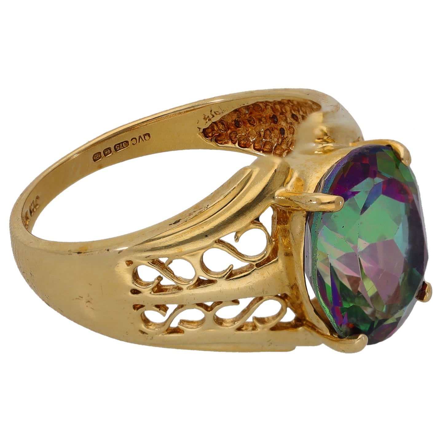 Gold-tone cocktail ring with faceted oval multicolor gemstone and openwork band